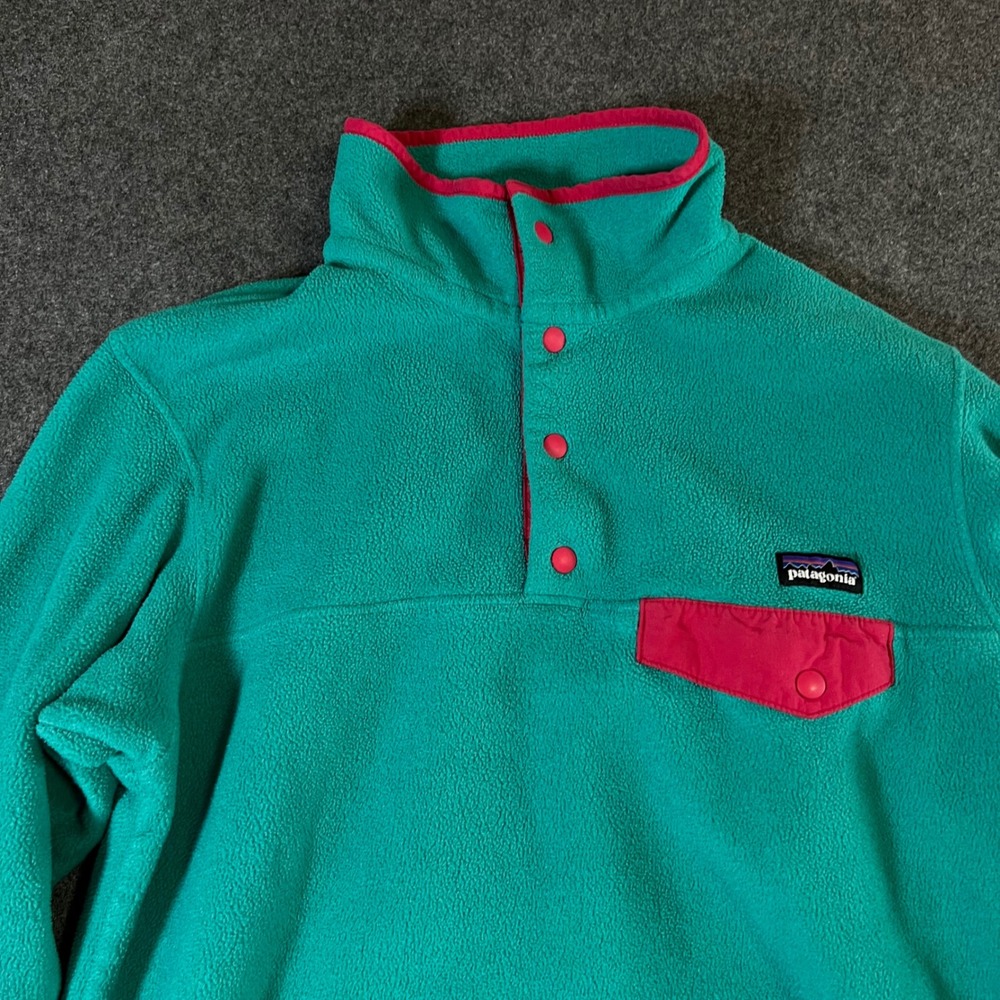 Patagonia Synchilla Fleece Pullover Teal Pink Trim Snap-T Women's Large - Picture 9 of 13